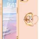 Fingic for iPhone 17e/ 16e Case, with 360 Rotatable Ring Holder Magnetic Kickstand, Shiny Plating Gold Edge Slim Soft TPU Shockproof Protective Cover for Women Men for iPhone 16e/ 17e 6.1",Rose Gold
