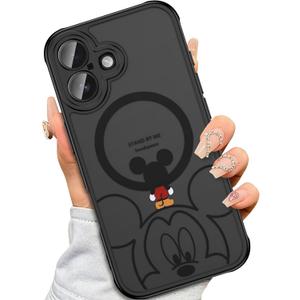 Case for iPhone 16 [Compatible with MagSafe], Cute Design Magnetic Black Translucent Frosted Matte Soft TPU Bumper Hard PC Back Protective Case with Camera Protection - Black