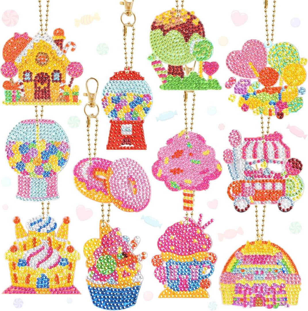IcyeeCha 12Pcs Candyland 5d Diamond Painting Kits Colorful Candy Lollipop Donut Make Your Own Gem Keychains Sweet Dessert DIY Paint by Numbers Party Favors Gift for Birthday Baby Shower Sweet Shop