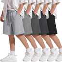 Langyiwee 5 Pack Boys Shorts Kids Athletic Uniform Shorts Summer Teen Soft Casual Drawstring Clothes for School(Black, Dark Heather Gray, Dark Gray, Heather Gray, Light Heather Gray,15-16 Years)