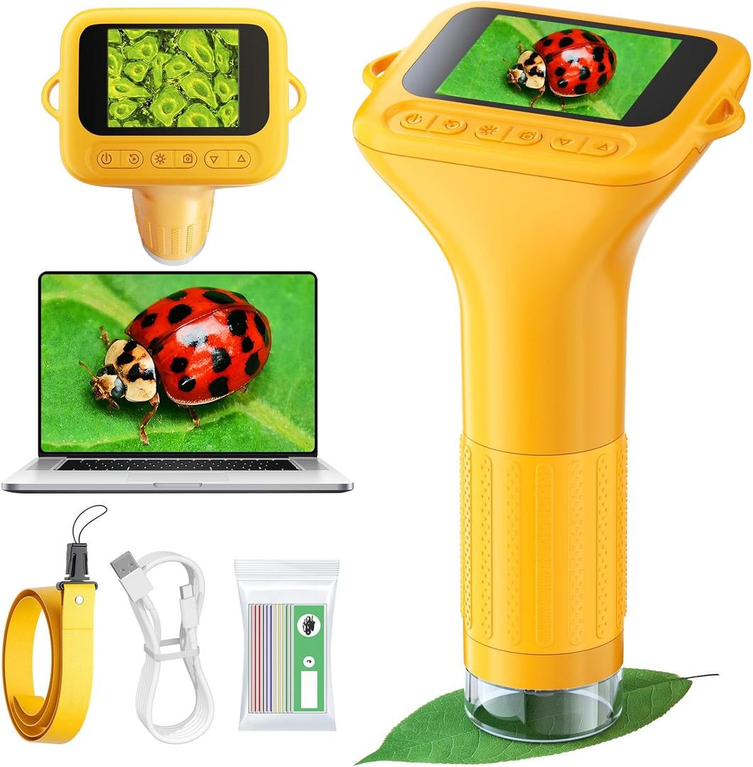 Microscope for Kids with 12 Slides, Digital Handheld Kids Microscope, Mini Portable Pocket Miniscope Science Toys Gifts for 3+ 4 5 6 7 8 9 10 11 12 Year Old Boys Girls, Orange