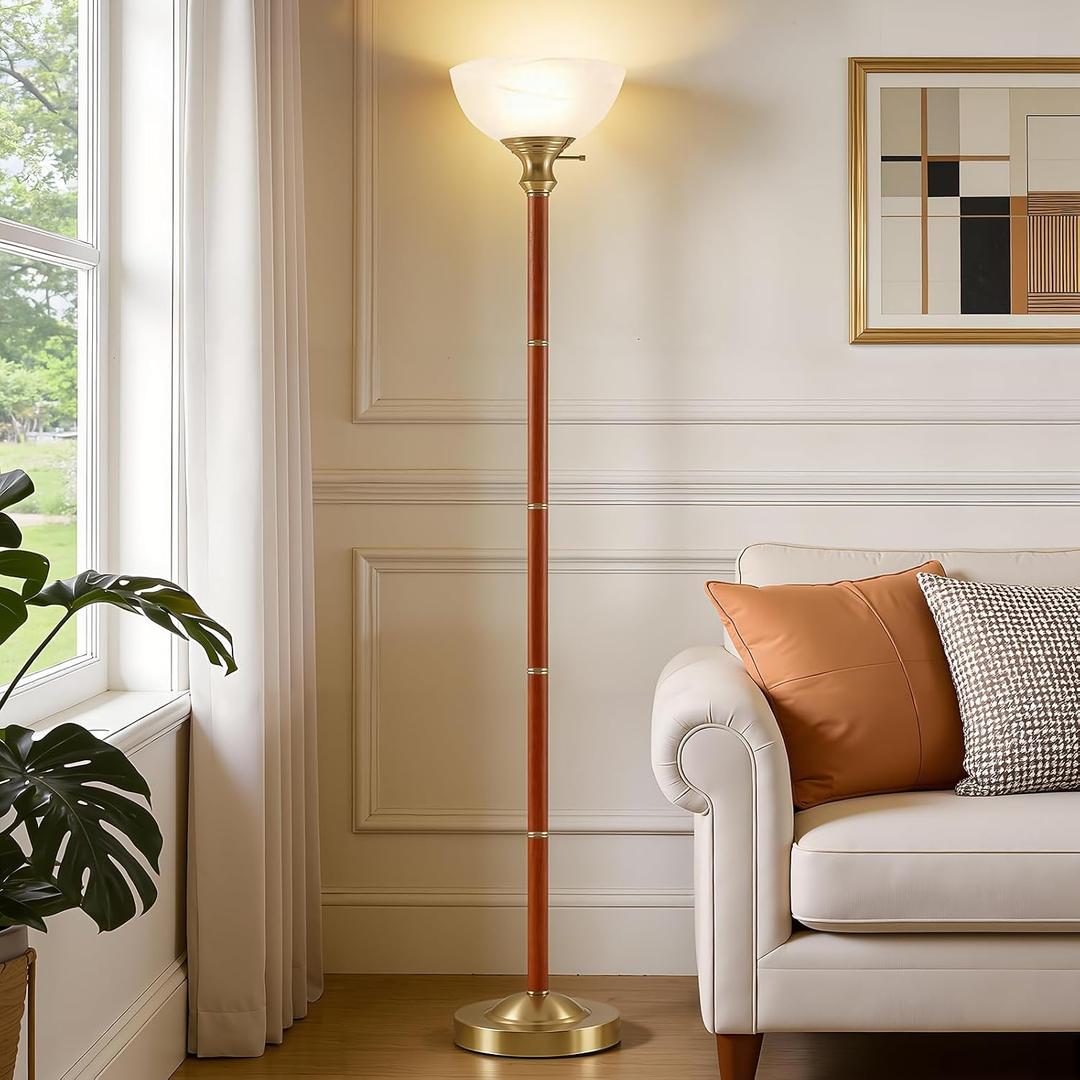 EJIAXIN Wood Floor Lamp for Living Room - Gold Standing Lamp with Glass Shade Torchiere Floor Lamps for Bedroom - Mid Century Modern Corner Tall Lamps for Home Office Nursery Industrial Reading Light