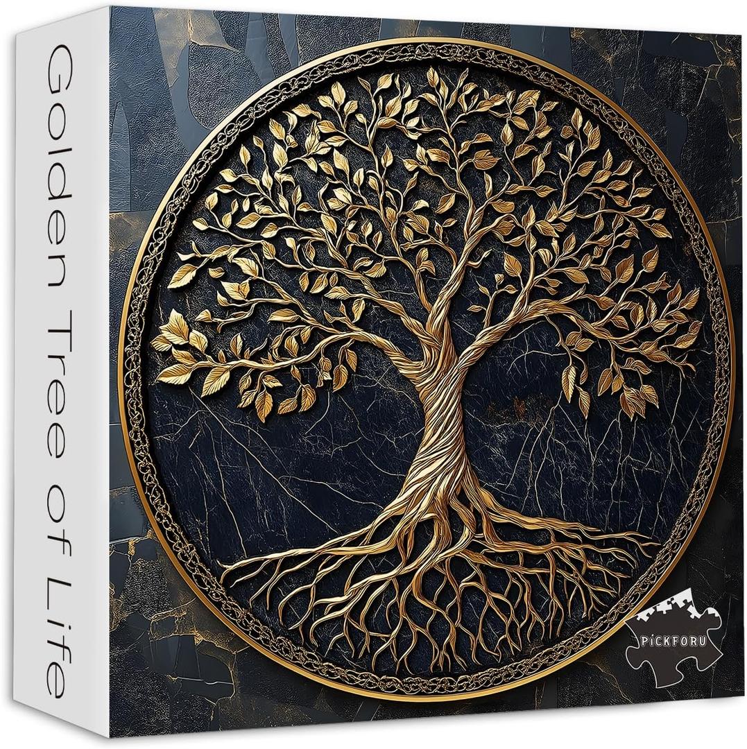 Tree of Life Jigsaw Puzzles 200 Pieces for Adults, PICKFORU Gradient Tree Puzzle Black Gold, Challenging Spring Nature Plant Theme as Wall Decor