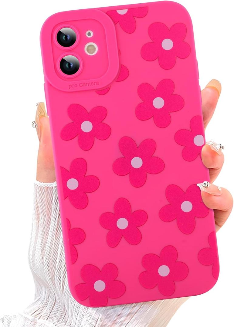 ZIYE for iPhone 12 Case Hot Pink Flower Pattern Phone Case with Camera Protection,Soft TPU Silicone Rubber Protective Cover Floral Design Cases Compatible with iPhone 12 6.1 Inch