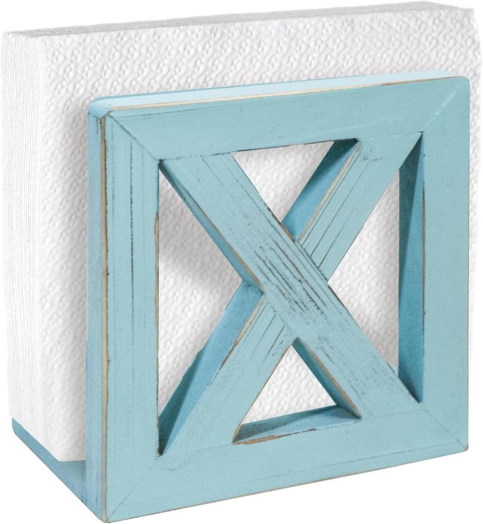 MAONAME Farmhouse Wooden Napkin Holder for Tables, Square Napkin Dispenser, Rustic Wood Guest Towel Holders Tray for Bathroom, Dinner Napkins Holder for Kitchen, Ocean Blue