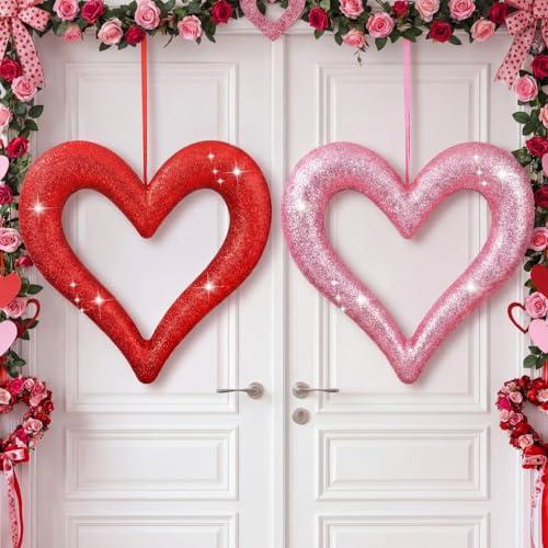 Lineshading 2 Pack 12 Inch Large Valentine's Day Heart Ornaments for Tree Red Pink Glitter Heart Ornaments Valentines Wreaths Foam Hang Valentines Decoration for Front Door Holiday Wedding Anniversary