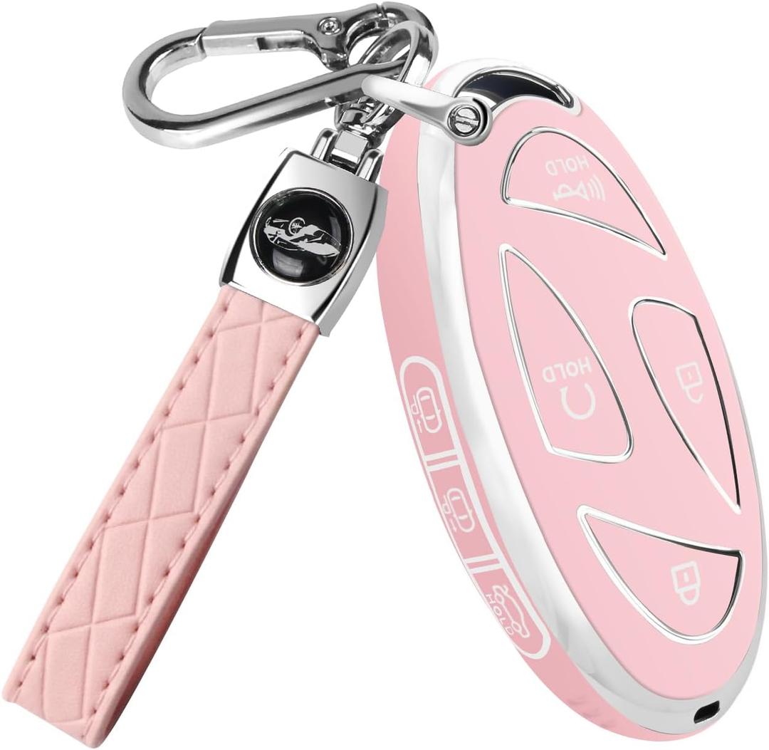 QBUC for Car Key Fob Cover,Soft TPU 360 Degree Car Key Case Protector with Leather Keychain,7 Buttons smart key(Pink)