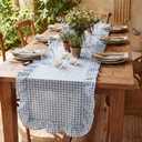 HunnmingRe 1 Pcs Blue Plaid Gingham Ruffle Table Runner 118 x 13.8'' Farmhouse Table Runner 100% Cotton Scalloped Long Dresser Scarves for Dining Room, Wedding, Kitchen Rustic Home Decor