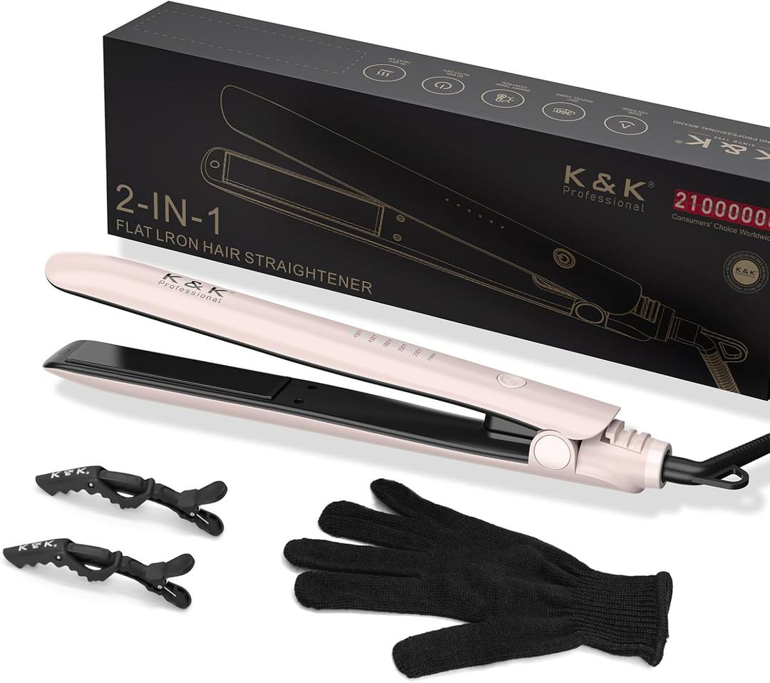 K&K Flat Iron Small Mini Tourmaline Titanium Hair Straightener 1 inch Plate 4D 360Swivel LED Display for Woman Short Hair Adjustable Temperature Dual Voltage 110v-220v Auto Shut Off (Pink)