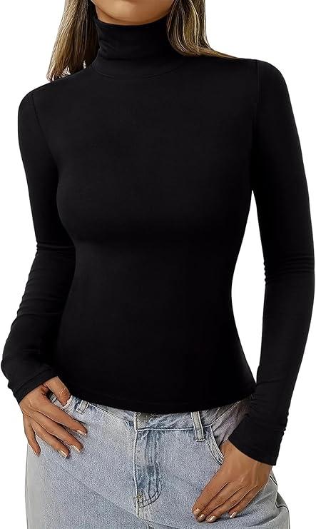 REORIA Women's Basic Long Sleeve Thermal Shirts Mock Turtle Neck Soft Lined Winter Layering Warm Slim Fit Underwear Tops 2025, Size L