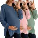 3 Pack Women's Maternity Shirts Long Sleeve Waffle Knit Side Split Oversized Tops Pregnancy Clothes Fall Tees (Large, Dusty Blue, Light Pink, Light Green)
