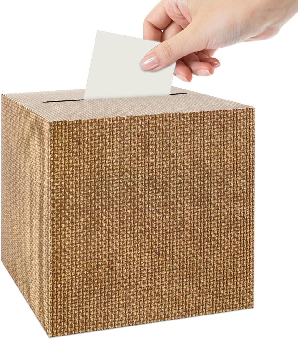 Burlap Print Card Box 7.9In Gift Cards Receiving Box Holder Neutral Kraft Diaper Raffle Ticket for Baby Showers Bridal Shower Birthday Anniversaries Wedding Engagement Party Supplies