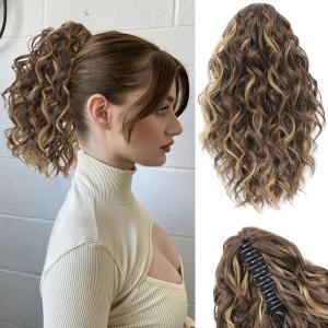 Ponytail Extension 12 Inch Curly Ponytail Hair Extensions Claw Clip Ponytail Extension Drawstring Ponytails Hair Pieces (Brown with Caramel Blonde Highlights)