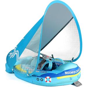 Mambobaby Float Add Tail No Flip Over Non-Inflatable Baby Swim Float Pearl Foam Solid Water Floats Smart Swim Trainer Infant Pool Float Swim Ring with Sun Canopy