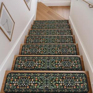 OJIA Floral Stair Treads Non-Slip Stair Runner for Wooden Steps Indoor 15PCS 30"x8" Carpet Stair Treads Stair Mats Staircase Step Treads for Kids, Elders and Dogs, Stair Covers, Black