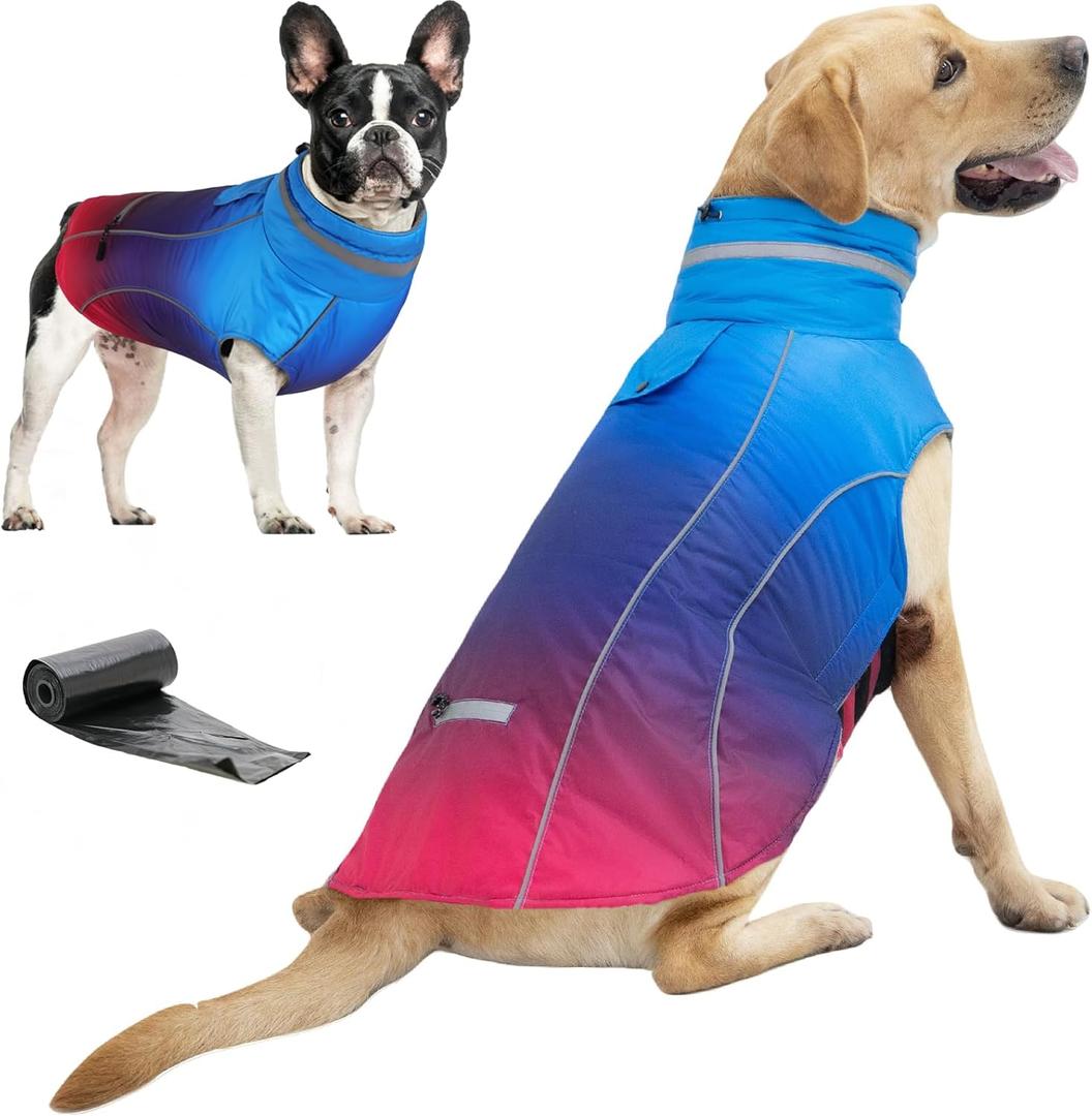 Doglay Waterproof Dog Coat, Reflective Dog Winter Jacket with Pocket & Turtleneck, Warm Puppy Snow Jacket for Small Medium Large Dogs - Gradient Blue Purple Pink, XL