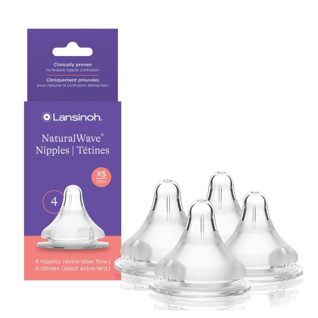Lansinoh NaturalWave Baby Bottle Nipples, Extra Slow Flow, Size XS, 0+ Months, 4 Count  100% Soft, Durable Silicone, Made Without BPA BPS, Anti-Colic, Supports Babys Developing Mouth and Teeth