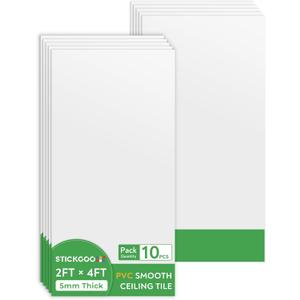 STICKGOO Drop Ceiling Tiles 2ft x 4ft, White Soomth Ceiling Tile 24 x 48in, Waterproof - Fire-Rated to Prevent Breakage Cover 80 Sq. Ft, Pack of 10 PVC Tiles