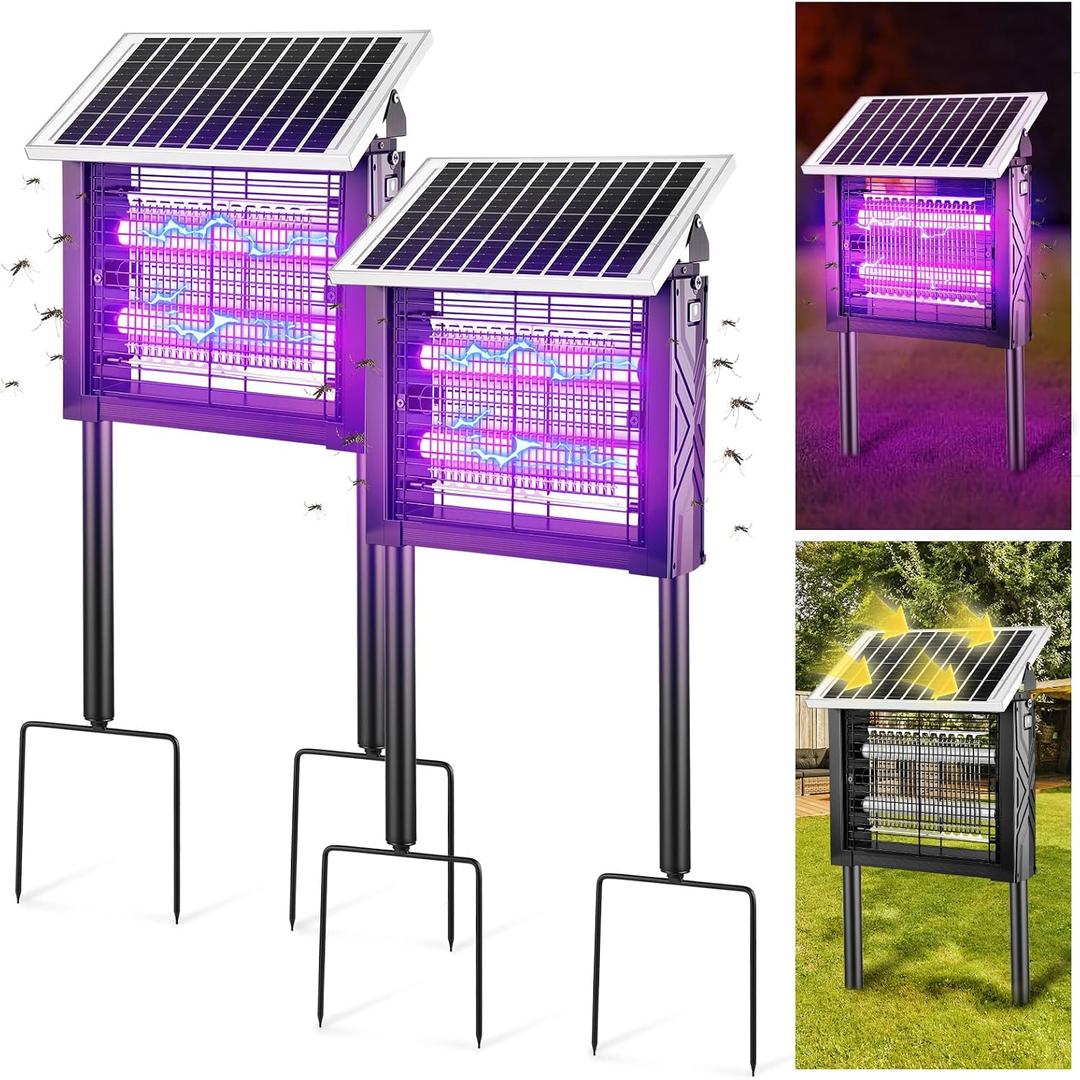 2 Pcs Solar Bug Zapper Outdoor with Rotatable Panel, 3000V Electric Fly Zapper Waterproof, 200W Dual Tube Mosquito Killer Lamp, 395nm UV Attractant, Solar & USB Rechargeable for Garden Patio