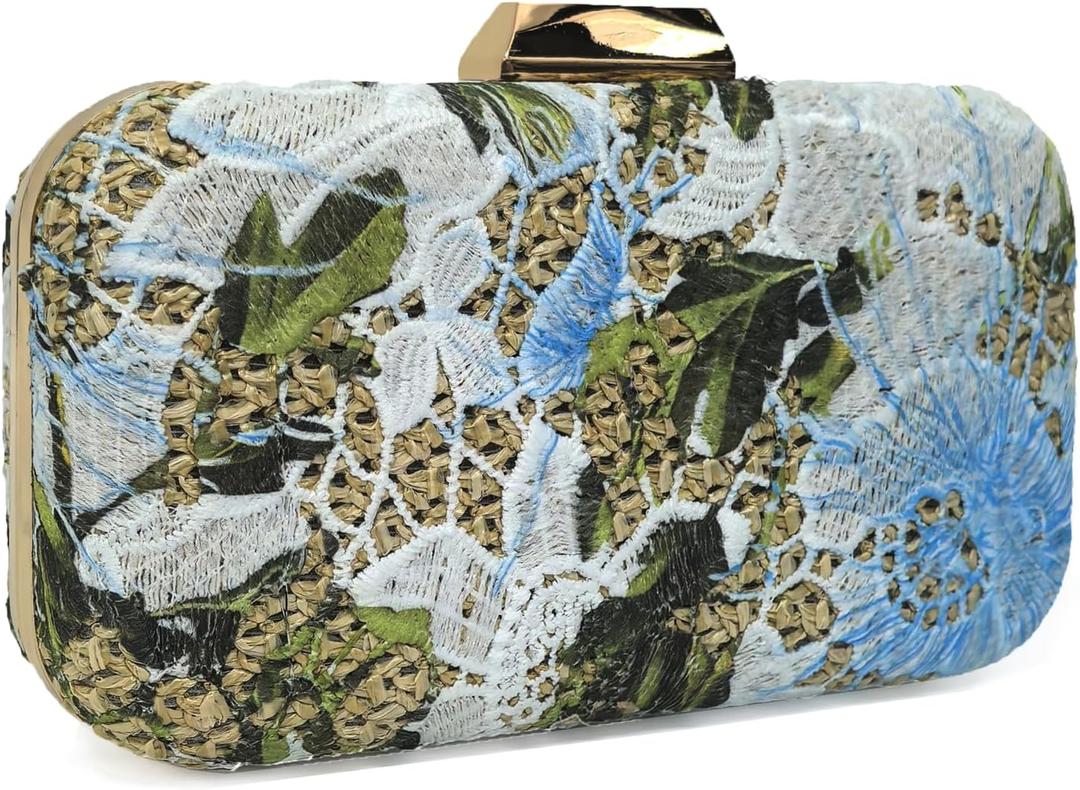 Women's Straw Clutch Purse, Summer Beach Party Evening Bag with Lace Floral Decoration, Crossbody Handbag for Women (Blue)