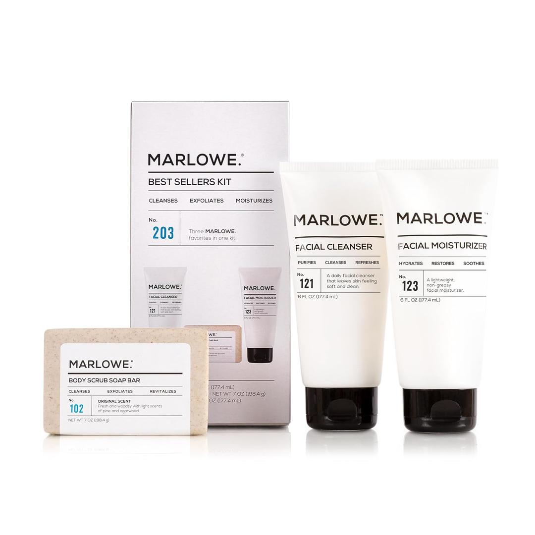 MARLOWE. Men's Skin Care Set, 3-Piece Best Sellers Kit, Exfoliating Scrub Soap Bar, Purifying Facial Cleanser & Hydrating Facial Moisturizer, Great Gift for Men, Clean, Vegan Grooming Essentials
