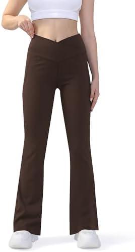 JOYCATCH Bootcut Flare Leggings with Pockets for Women, Crossover Flared Leggings Tummy Control, Stretch Casual Yoga Leggings, Brown L