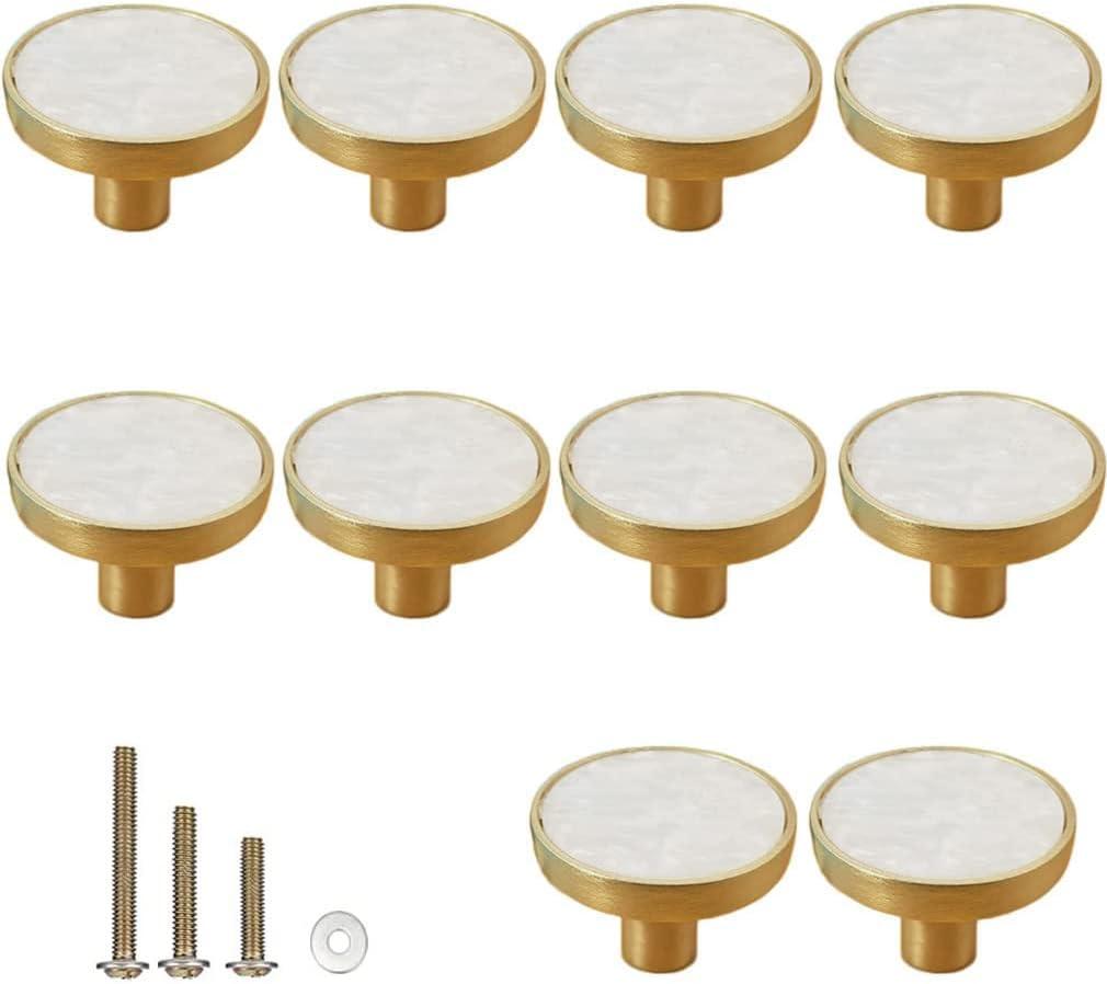 Gold Knobs for Dresser Drawers, Brass Decorative Cabinet Round Knobs, 1.25" Northern Europe/Chinese Style Pearl Shell Handles pulls knobs for Home Decor Furnitures (10 Pack, Snow White)