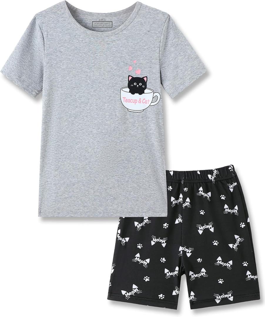 Mikrdoo Girls Pajamas Toddler 2 Piece Summer Snug Cotton Short Sleeve and Short Pjs Soft Sleepwear Set for Kids 2-14 Years