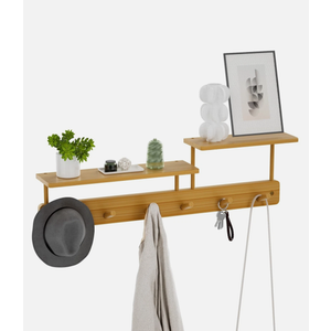 SupBambGO 24'' Wall Mounted Coat Hooks with Dual Shelves, 6 Pegs Coat Hanger, Entryway Organizer with Wall Hooks for Coats, Hats, Keys, and Bags, Bamboo