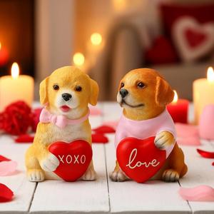 Roowest 2 Pcs Valentines's Dog Couple Figurines Decor Funny Proposal Cute Craft Resin Dog with Heart Sculpture Statue for Valentine Home Office Desk Tabletop Bathroom Decoration, Ornament Gift (3.94")