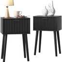 LAATOOREE Nightstands Set of 2, Small Side Table, Bedside Table with Fluted Door, Solid Wood Feet; Modern Mid-Century End Table for Bedroom, Small Space (Black)