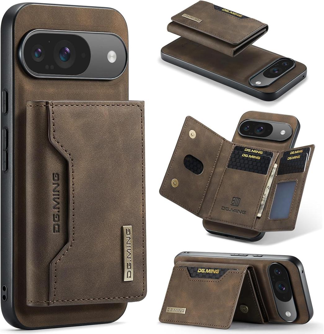 Wallet Case for Google Pixel 9 / Google Pixel 9 Pro, DG.MING Premium Leather Shockproof Protective Phone Case Back Cover Magnetic Detachable with Trifold Wallet Card Holder Slots Kickstand (Coffee)