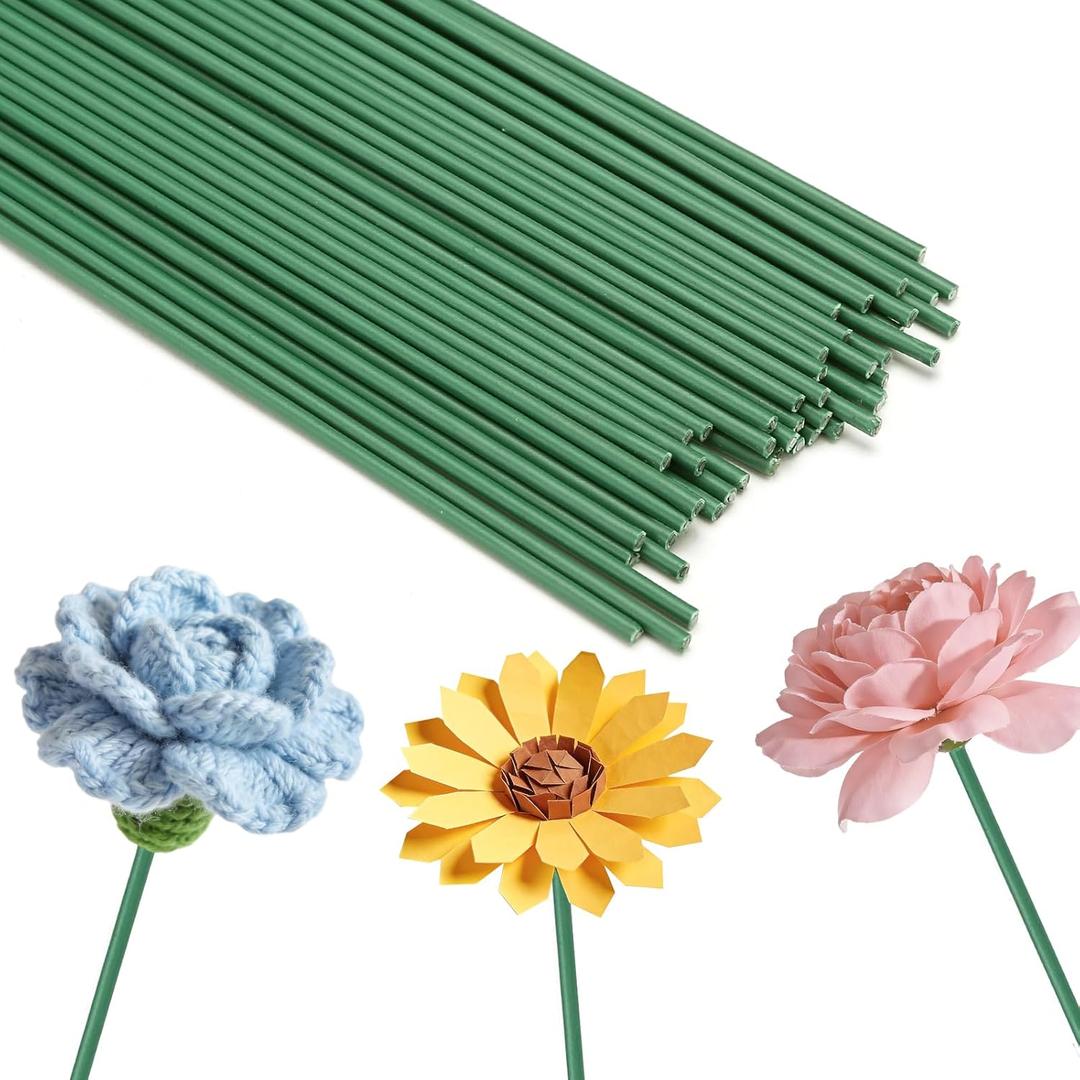 Kesote Green Floral Wire Stems for Crafts, Crochet Pipe Cleaner Flower Bouquets Making, 100 Count, Thick Flower Rose Sticks, 8 Inches