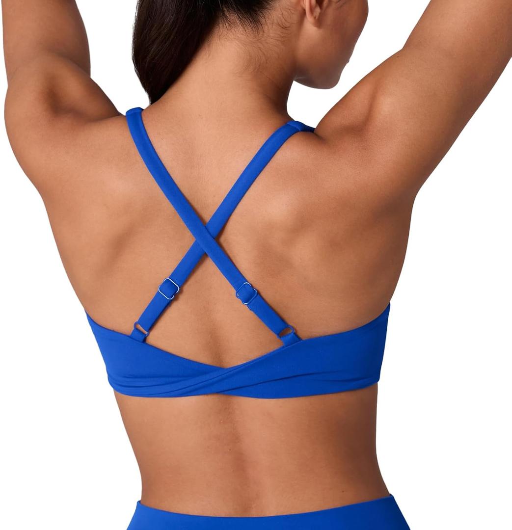 UNISSU Hugcurve Adjustable Twist Cross Back Sports Bra for Women V Neck Wireless Padded Yoga Workout Tops L