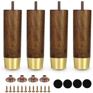 6 Inch Wooden Furniture Legs with Gold Cap Set of 4 Sofa Replacement Solid Wood Furniture Feet for Armchair Couch Cabinet Dresser Ottoman TV Stand Bed Legs (6inch)
