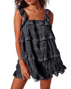 Gacaky Women's Summer Casual Sleeveless Rompers Ruffle Flowy Boho Sun Dress Loose Mini Dress with Built-in Shorts Black Small