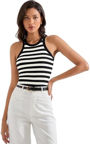 SUUKSESS Women Padded Cotton Ribbed Tank Tops 2025 High Neck Racerback Basic Tops, L