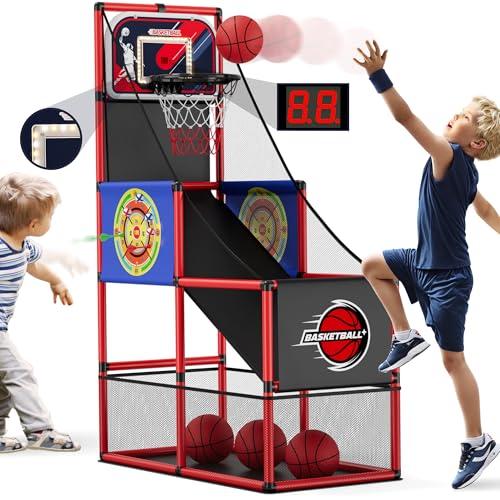 HYES Basketball Arcade Game Indoor Outdoor, Kids Basketball Hoop with 4 Balls & Pump, Single Shot Basketball Game at Home, Carnival Games Sport Toys Gifts for Boys Girls Teens Ages 3-12 Years Old