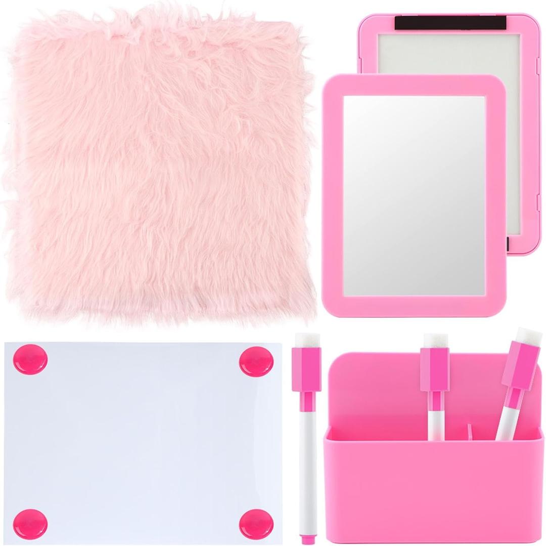 11Pcs Locker Set with Fur Rug Carpet, Magnetic Whiteboard Mirror, Marker and Dry Erase Marker Holder Locker Accessories Set Decoration for Office Lockers (Pink)