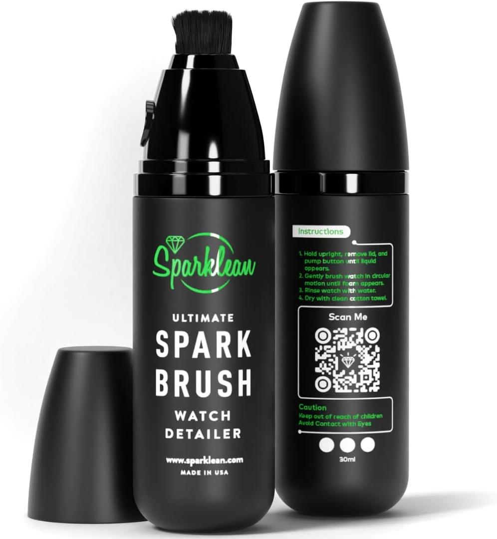 SPARKLEAN SparkBrush Watch Cleaning Brush + Diamond Ring Cleaning Kit Pre-Filled Solution 200+ Cleans Ammonia-Free pH-Balanced Steel Gold Ceramic Titanium Rubber Made in USA Since 2000