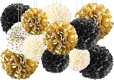 4 pcs Gold Black Hanging Tissue Paper Pom Poms,Pompoms Flowers for Ceiling Party Decorations