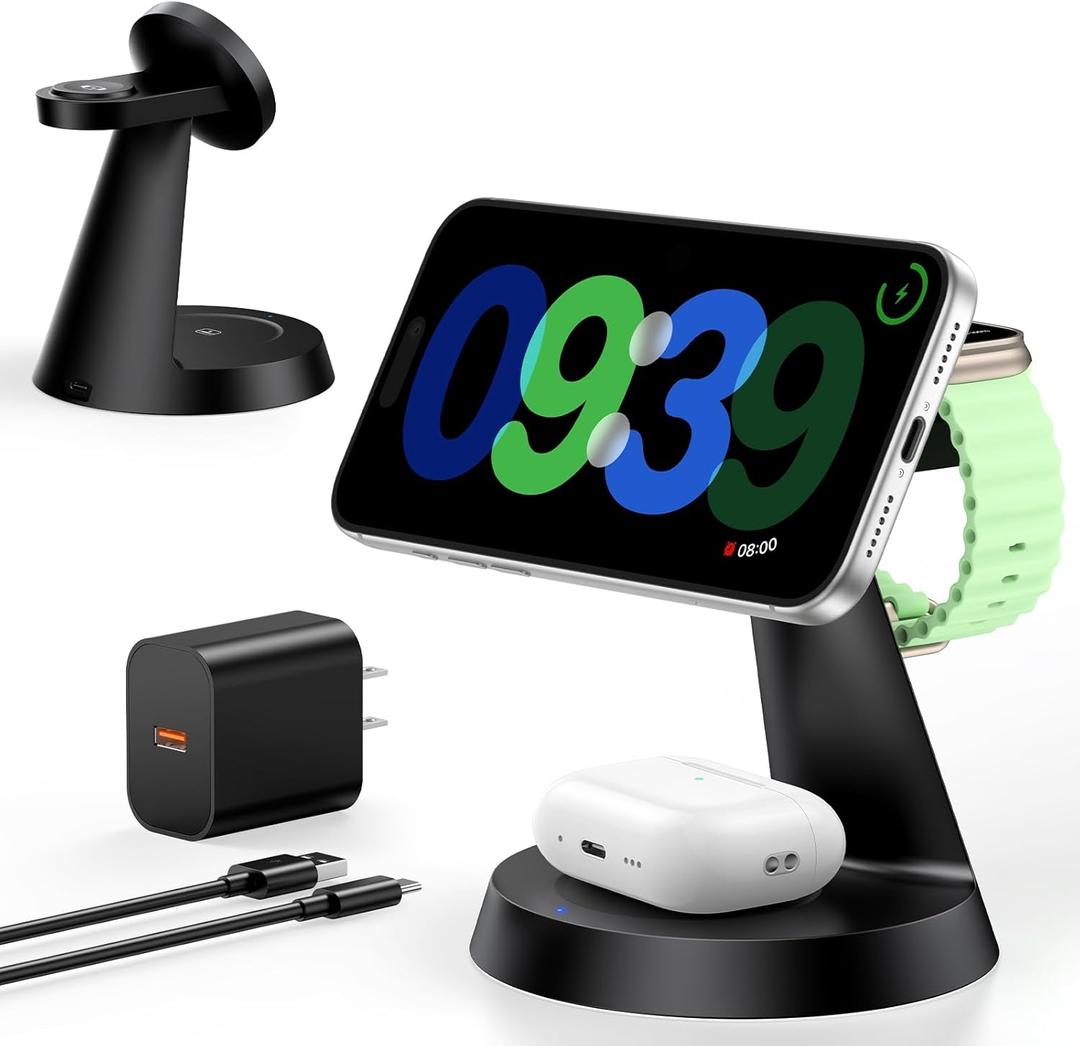 3 in 1 Charging Station for Apple Devices, 15W Fast Wireless Charger Compatible with MagSafe Charging Stand for iPhone 17 16 15 14 13 12 Series, Watch Charger Stand for Apple Watches & Airpods