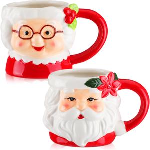 Willinglong 2 Pcs Mr.Christmas Santa Mugs Christmas Holidays Santa Claus Mugs Set Bulk Ceramic Vintage Camping Coffee Tea Cups for Couples Christmas Red and White Gifts Party Supplies (White,10 oz)