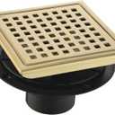 6 Inch Square Shower Floor Drain with Flange,Quadrato Pattern Grate Removable,Food-Grade SUS 304 Stainless Steel,Brushed Gold