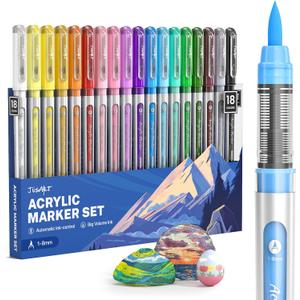 JusArt Acrylic Paint Markers Brush Tip 18 Colors, Water-Based No-Bleed Markers with Automatic Ink Control, Waterproof Acrylic Paint Pens for DIY Art & Crafts -Fabric, Wood, Rock, Ceramic, Metal