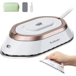 Newbealer Travel Iron with Global Voltage, 100-240V Mini Dry Iron for Clothes (No Steam), Max 300W, 60s Heat Up, 302 Non-Stick Ceramic Soleplate, 0.8lbs Ultra-Lightweight (Gold) (White)