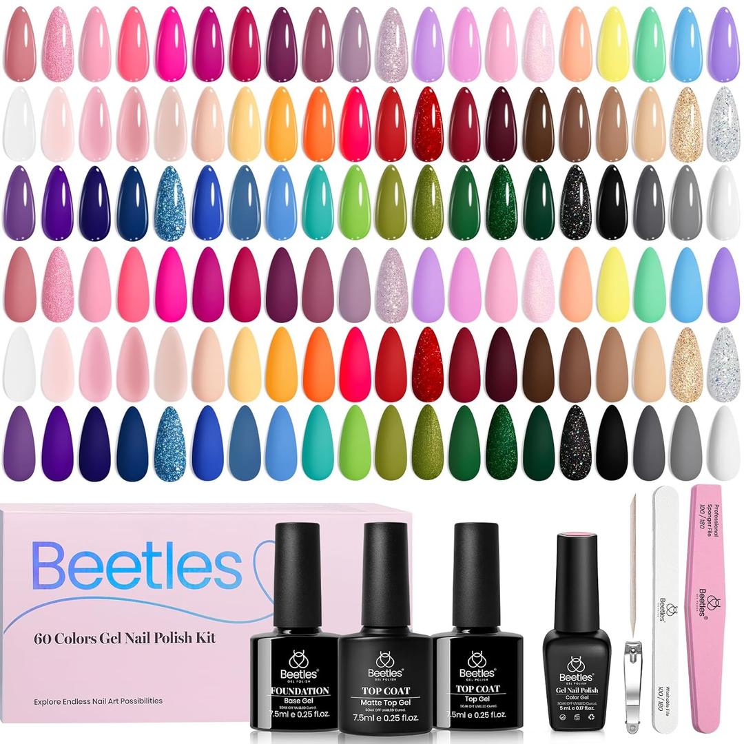 Beetles Gel Nail Polish Set, 70 Pcs 60 Colors Summer Gel Nail Polish Kit Nude Pink Jelly Pastel Neon Blue Red Green Glitter with Base Top Coat Manicure Gifts for Mom Seasonal Harmony (0-0-Seasonal Harmony Gel Nail Polish)