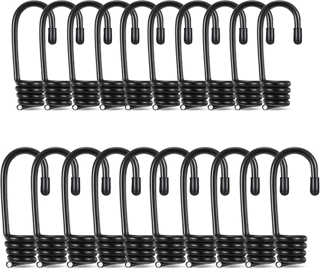 20pc Bungee Hooks & Cords - 1/4 & 3/8 Inch Wire Coated Black Bungee Cord Hooks for Boating, Camping, Covers & Sunshades