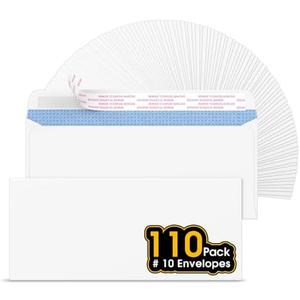 CREGEAR #10 Self Seal Security Envelopes, 110 Count, 4-1/8" x 9-1/2", 24 lb Paper, NO Window, White, Strip and Seal for Privacy & Business