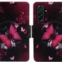 Zase Design Cover for Samsung Galaxy A36 5G / A56 5G Protective Flip Wallet Phone Case Cute Premium PU Leather Purse Folio w/Kickstand ID Card Slot Wrist Strap Magnetic Lock (Black Pink Butterfly)